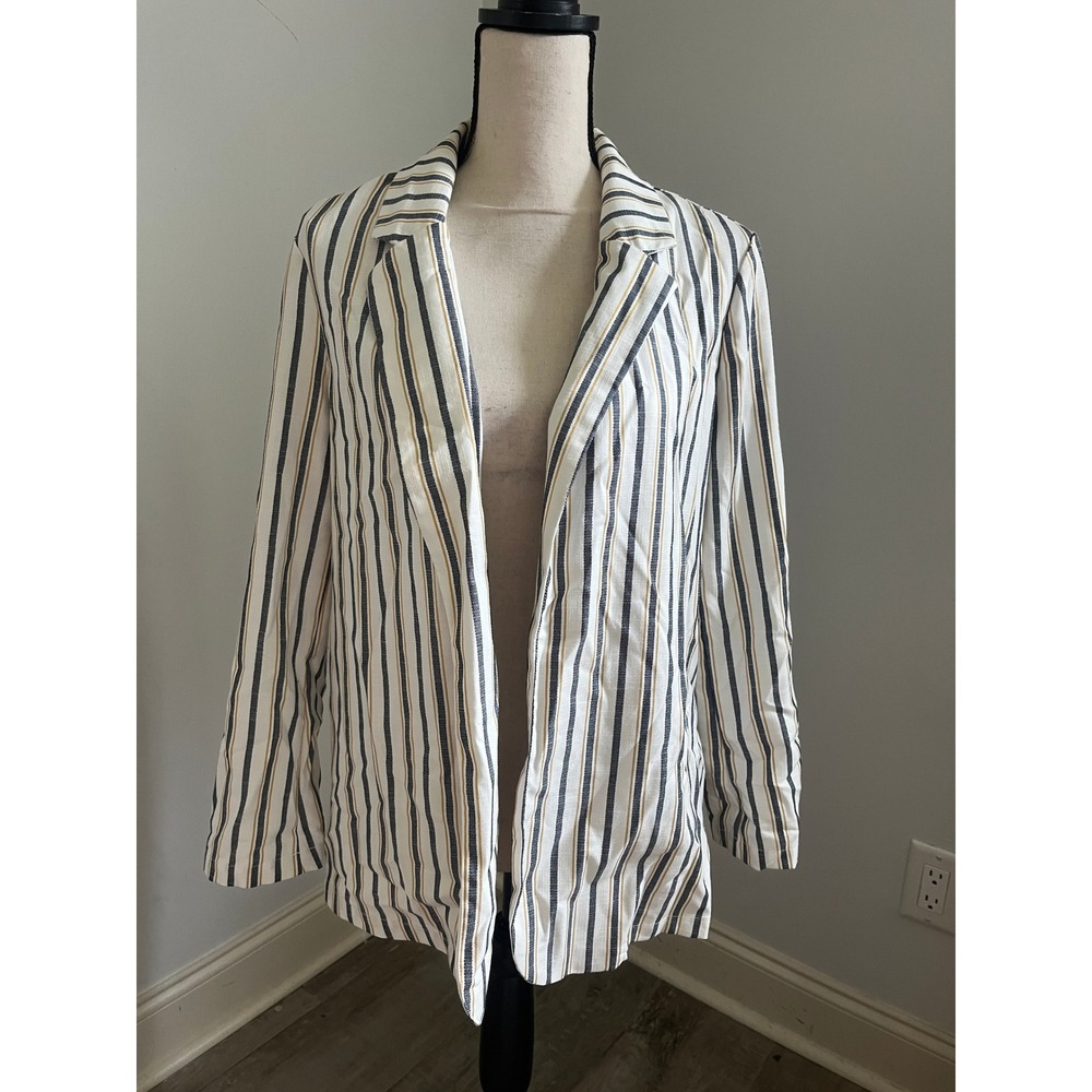 Coastal Striped Blazer Jacket sz Small White Navy Mustard Preppy Chic Minimalist